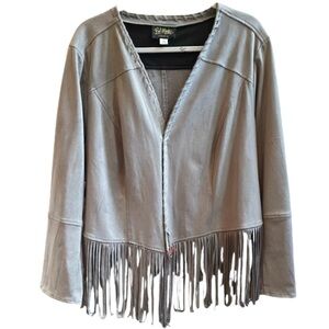 Bob Mackie Faux Suede Open Front Fringe Jacket. Gray. Size 2X.